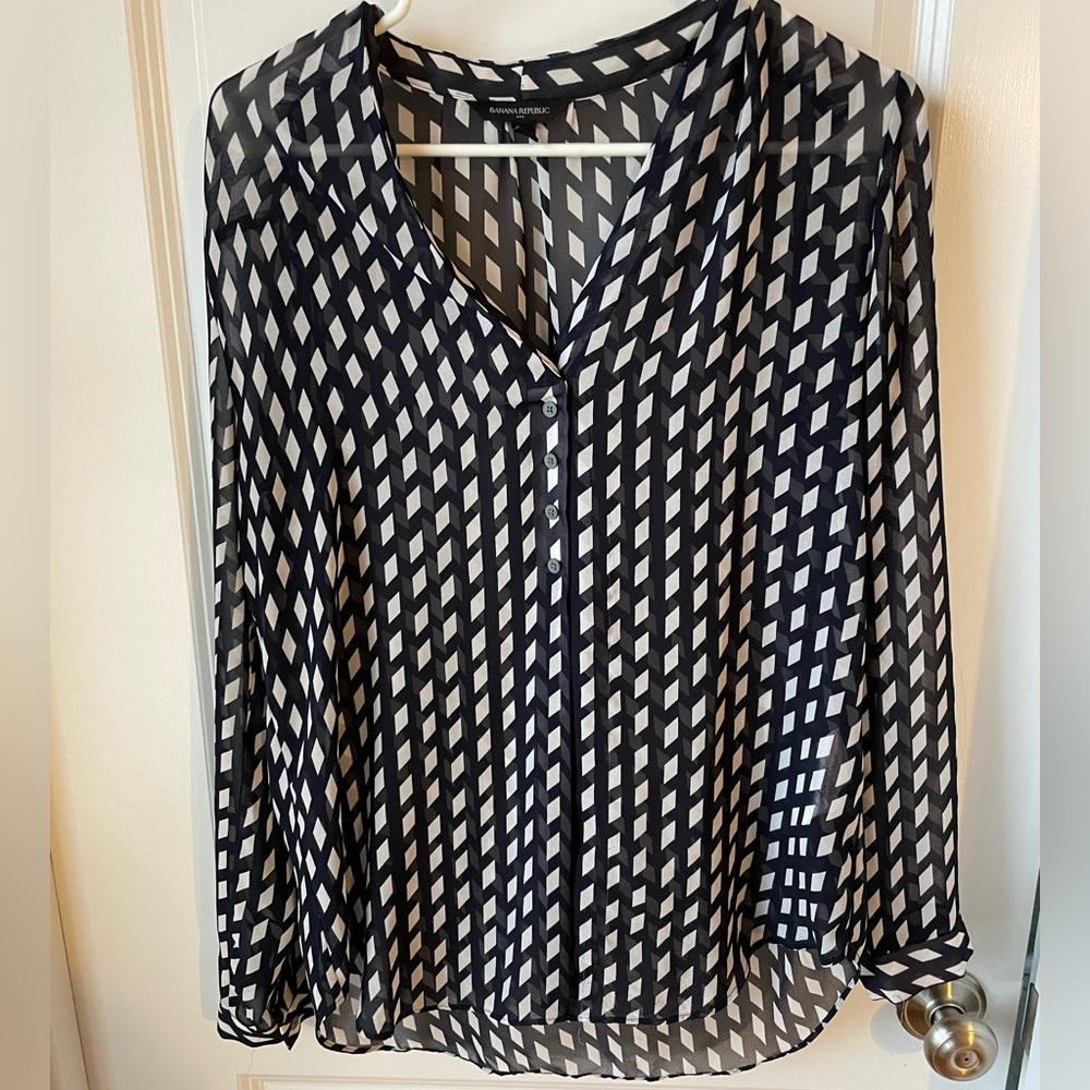 Banana Republic Dark Blue & White Sheer Blouse